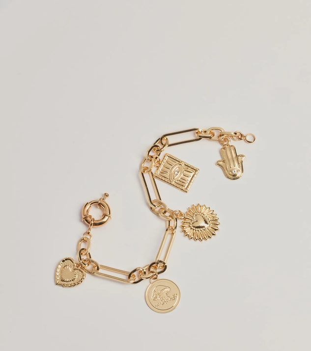 Adorable Charm Chain Bracelet, a trendy gold addition to women's going-out outfits, is ideal for Christmas party outfits, chic NYE attire, or winter night-out looks that keep you on-trend!