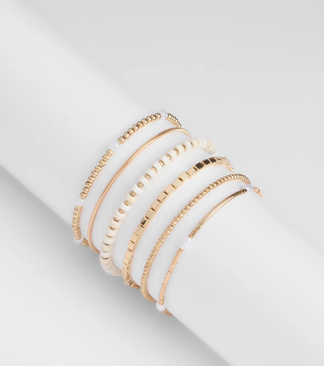 Stay on-trend this season with the Trendy Deets Beaded Bracelet Set in gold, a must-have for creating stylish and effortless spring outfits for women.