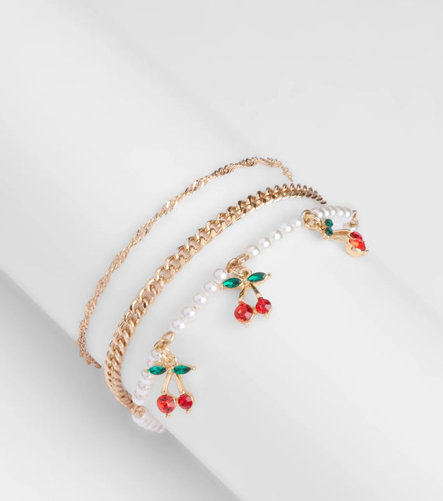 Stay on-trend this season with the Cherry Picking Three-Pack Bracelet Set in gold, a must-have for creating stylish and effortless spring outfits for women.