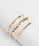 Stay on-trend this season with the Three's A Crowd Bangle Bracelet Set in gold, a must-have for creating stylish and effortless spring outfits for women.