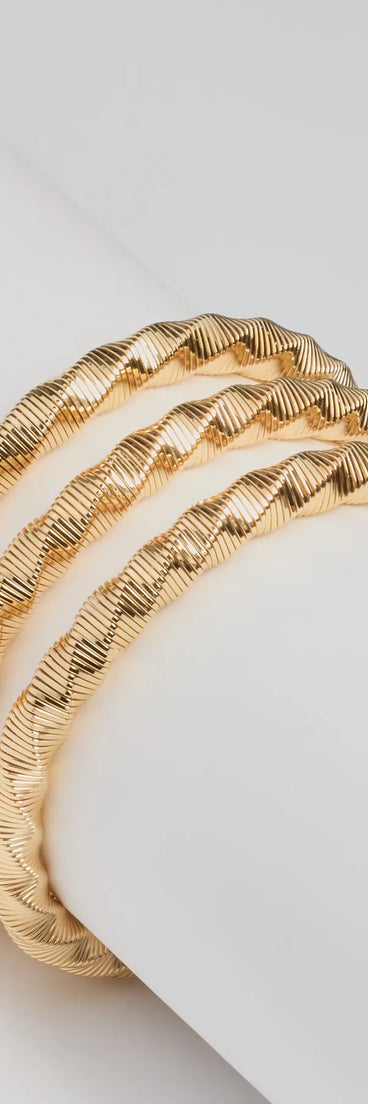 
Upgrade your style game for 2025 with the Trendy Twisted Metal Three-Pack Bracelet Set in gold, perfect for any fashion-forward wardrobe.