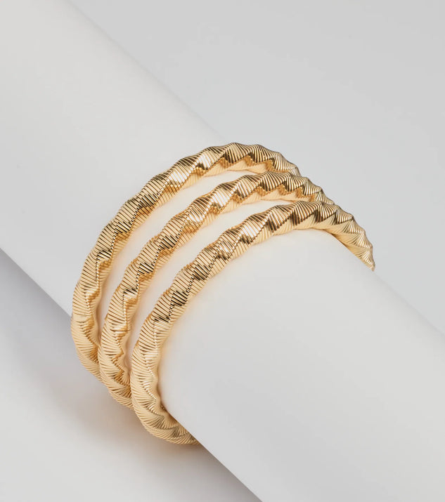 
Upgrade your style game for 2025 with the Trendy Twisted Metal Three-Pack Bracelet Set in gold, perfect for any fashion-forward wardrobe.