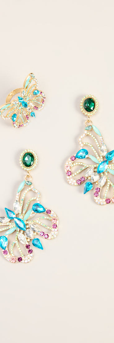 Winged Out Butterfly Rhinestone Ring And Earring Set