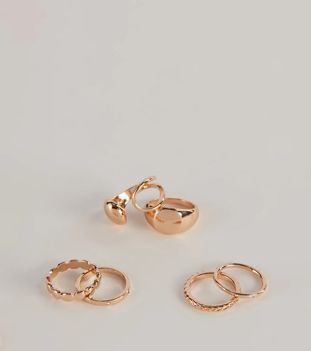 Bold Six Pack Ring Set, a trendy gold addition to women's going-out outfits, is ideal for Christmas party outfits, chic NYE attire, or winter night-out looks that keep you on-trend!