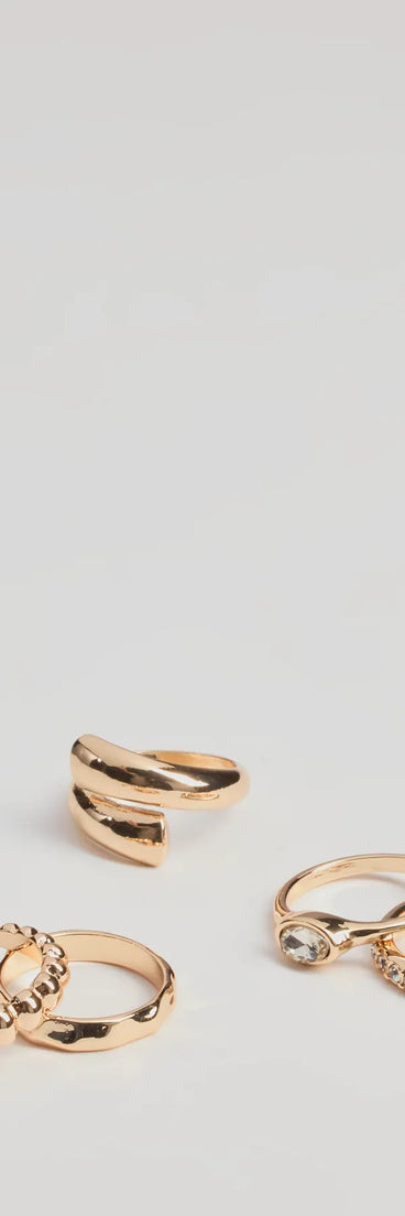 The Elevated Chic Five Pack Ring Set in gold is a women's workwear essential with an elevated fabric and chic silhouette, ideal for layering and versatile enough to take your look from office chic to going-out ready!