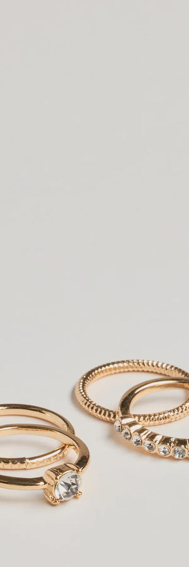 Dainty Shine Rhinestone Ring Four-Pack, a trendy gold addition to women's going-out outfits, is ideal for Christmas party outfits, chic NYE attire, or winter night-out looks that keep you on-trend!