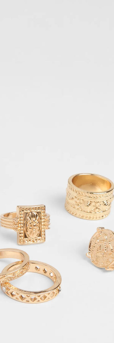 Stay on-trend this season with the Effortless Glow Five-Pack Statement Rings in gold, a must-have for creating stylish and effortless spring outfits for women.