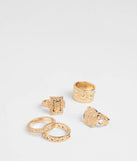 Stay on-trend this season with the Effortless Glow Five-Pack Statement Rings in gold, a must-have for creating stylish and effortless spring outfits for women.