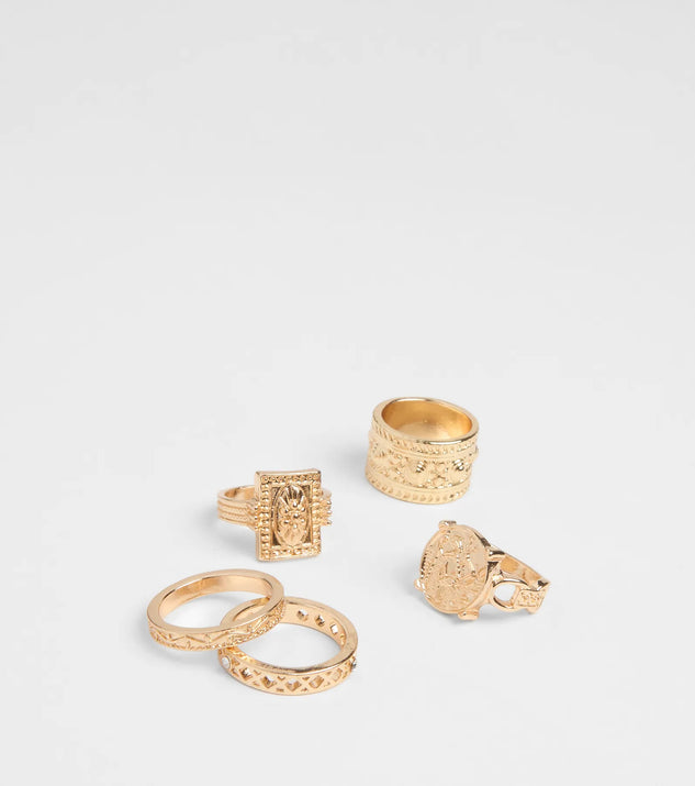 Stay on-trend this season with the Effortless Glow Five-Pack Statement Rings in gold, a must-have for creating stylish and effortless spring outfits for women.