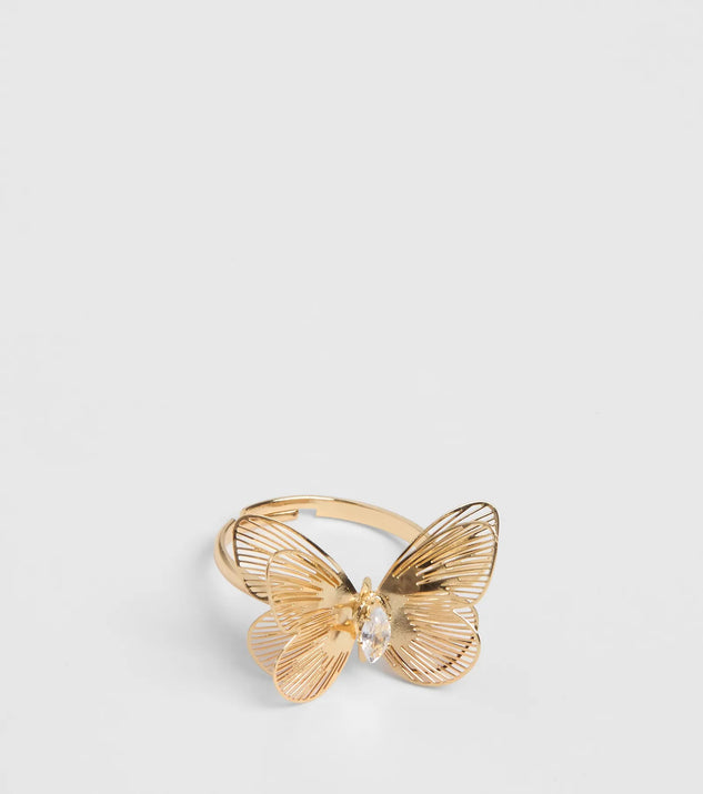 Stay on-trend this season with the Whimsical Beauty Rhinestone Butterlfy Ring in gold, a must-have for creating stylish and effortless spring outfits for women.