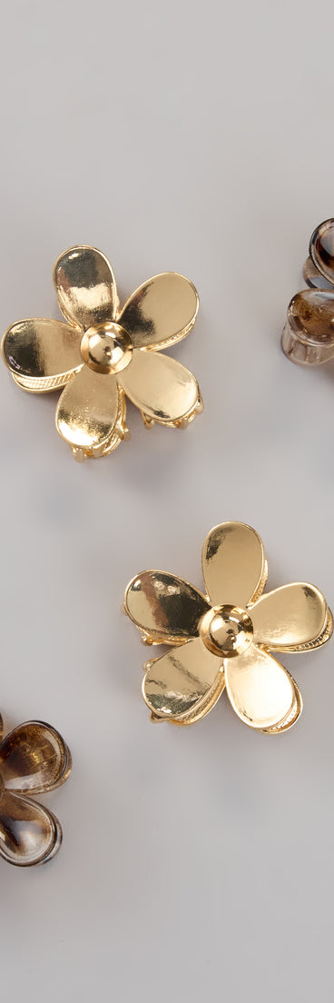 Style your vibe in seconds with the Bloom Goals Flower Hair Clip Set in gold, a fashion accessories essential that completes any outfit with ease.