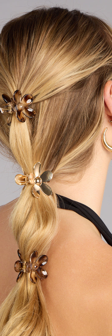 Style your vibe in seconds with the Bloom Goals Flower Hair Clip Set in gold, a fashion accessories essential that completes any outfit with ease.