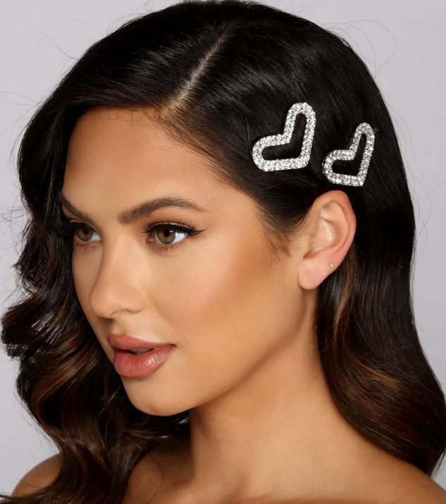Rhinestone Heart Hair Pin Two Pack