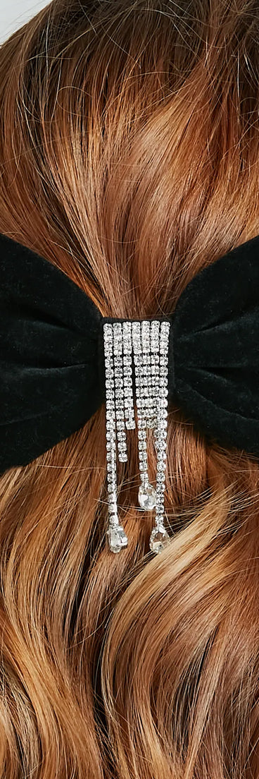 Luxe Velvet Bow Hair Clip With Rhinestone Fringe