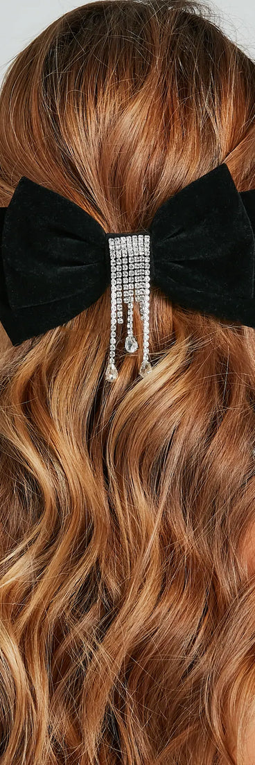 Luxe Velvet Bow Hair Clip With Rhinestone Fringe