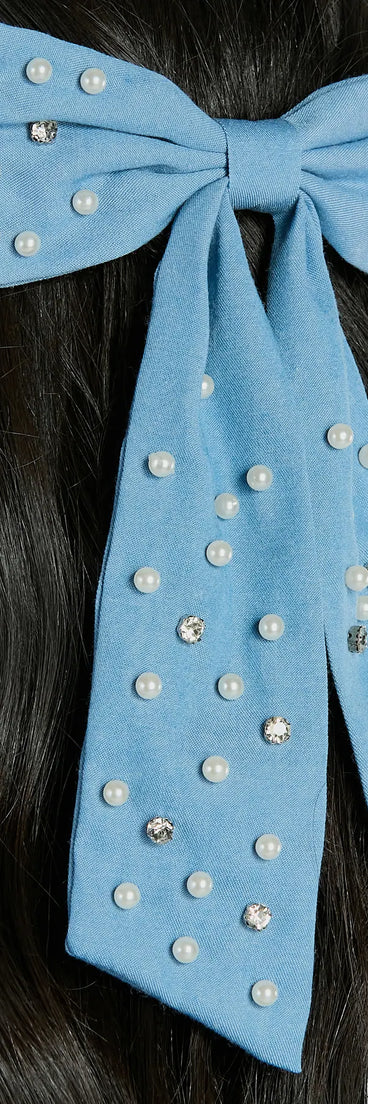 Finishing Look Faux Pearl Denim Hair Bow Barrette