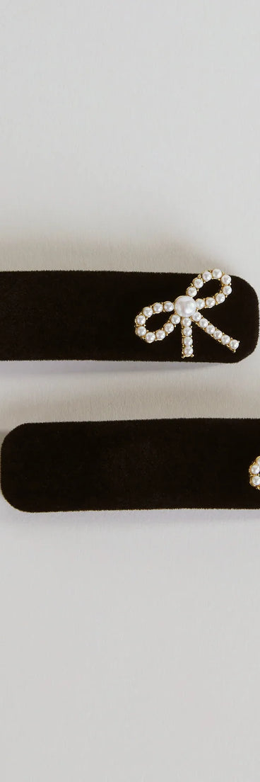 Luxe Charm Pearl Bow Velvet Hair Barrette Set