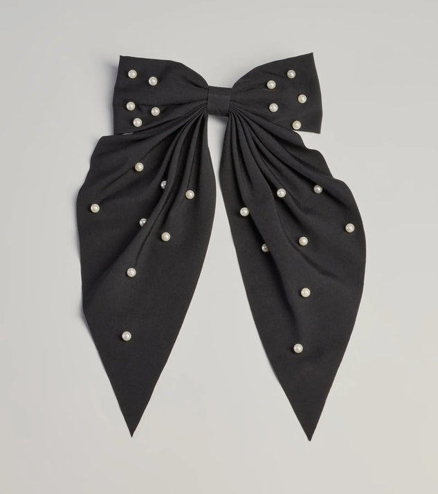 Upgrade your style game for 2025 with the Ravishing And Chic Faux Pearl Hair Bow Barrette in black, perfect for any fashion-forward wardrobe.