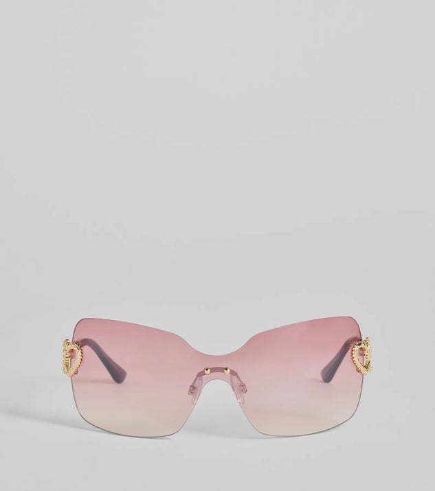 Stole Your Heart Charms Shield Sunglasses, a trendy pink addition to women's going-out outfits, is ideal for Christmas party outfits, chic NYE attire, or winter night-out looks that keep you on-trend!