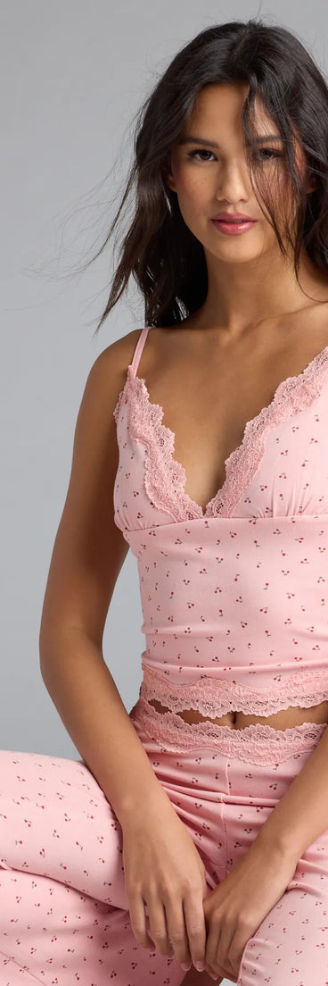 Sweet As Cherries Lace Trim Pajama Top