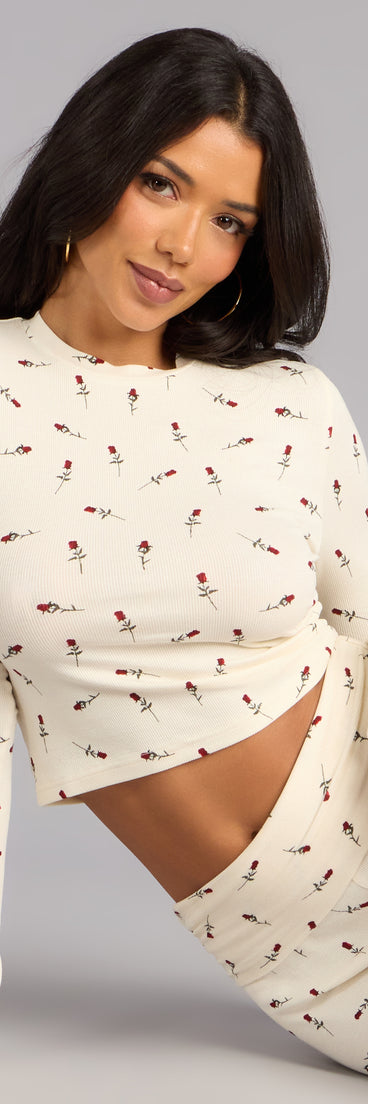Cozy Bloom Rose Print Knit Pajama Top