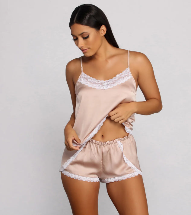 Dainty Floral Lace Trim Satin Pajama Tank And Shorts