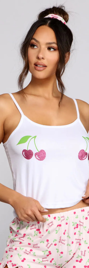 Cherry Charm Tank With Shorts And Scrunchie Set