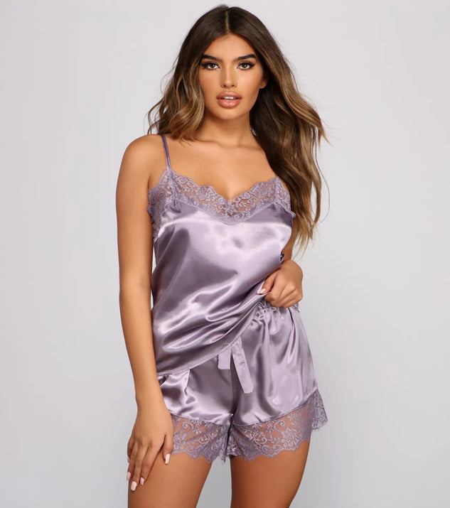 Luxe Satin Lace Trim Pajama Tank And Short Set