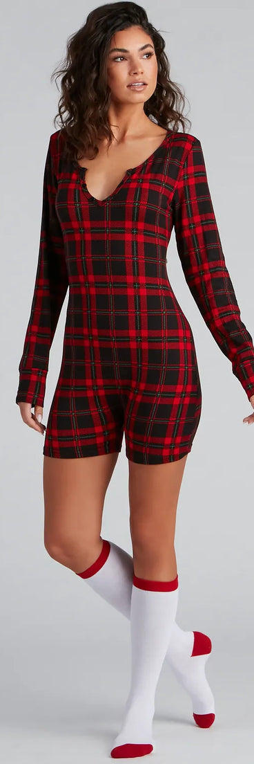 Plaid Pajama Romper And Socks Set
