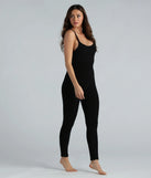 The Dressed To Lounge Chenille Knit Catsuit in black is a sleek women's catsuit featuring a chic, body-hugging silhouette with on-trend details for a striking profile, perfect for creating going-out looks or party outfits.