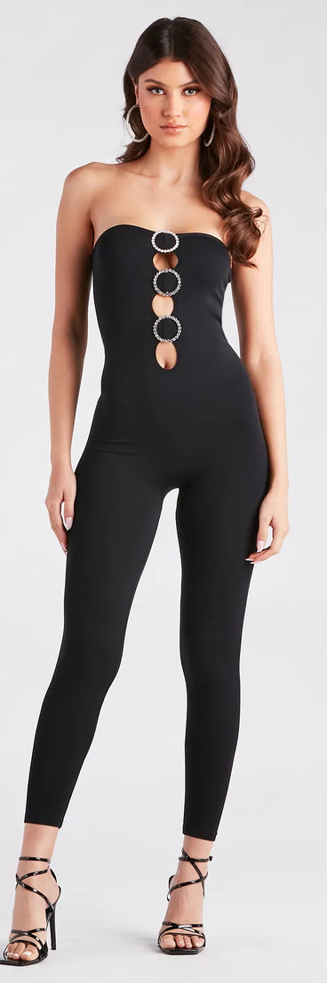 Alluring Glamour Rhinestone Cutout Catsuit