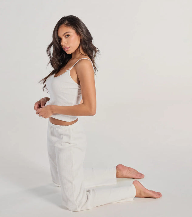 Perfect for creating a fashionable Valentine's Day outfit, the Sleeping In V-Neck Pointelle Pajama Crop Top is a chic white top with romantic and modern flair, ideal for date night or Galentine’s celebrations.