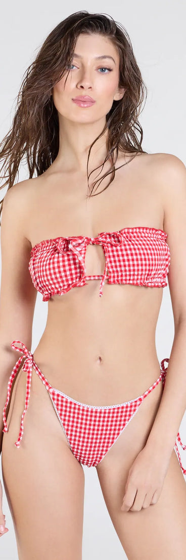 The Flirty Babe Gingham Print Bandeau Bikini Top in red brings edge and energy to your vibe, ready to elevate any festival look or concert outfit.