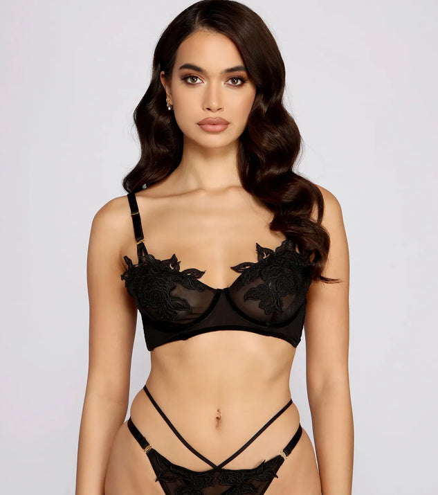 Floral Beauty Embroidered Mesh Bralette And Panty Set