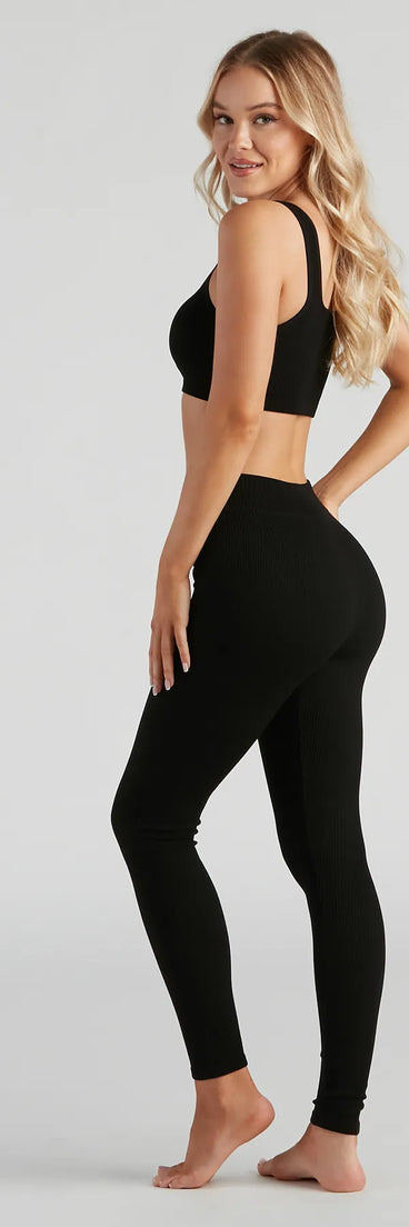 Casual Seamless Knit Crop Top And Leggings Set