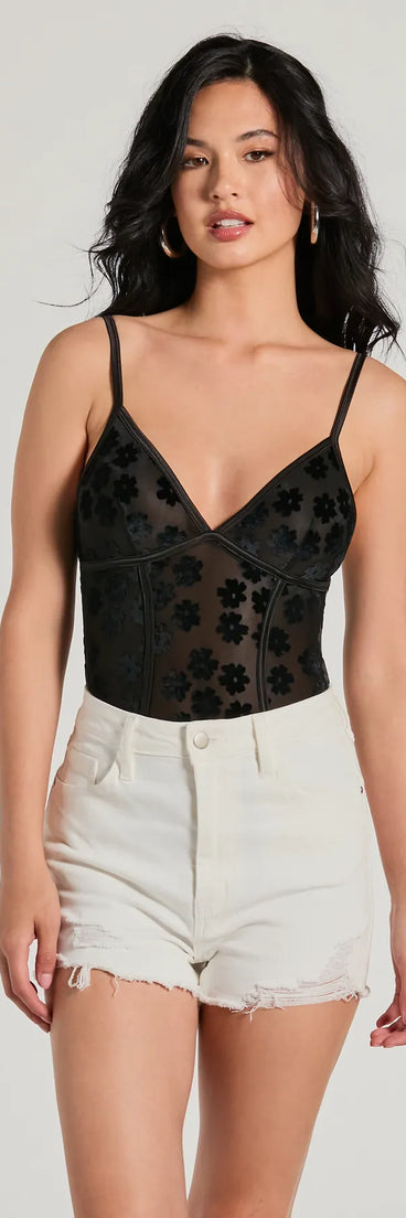 Attention Getter V-Neck Sheer Mesh Bodysuit