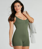 Perfect as a dress alternative for a New Year's outfit, wedding guest attire, and cocktail party dress alike, the Pursuing Cute Henley Rib Knit Romper is a women's olive romper that combines a stylish, unique design with festive colors and holiday-ready details for a standout look!