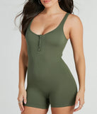 Perfect as a dress alternative for a New Year's outfit, wedding guest attire, and cocktail party dress alike, the Pursuing Cute Henley Rib Knit Romper is a women's olive romper that combines a stylish, unique design with festive colors and holiday-ready details for a standout look!
