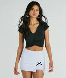 The Sweetest Basic V-Neck Ruched Crop Top in black with a modern design and trendy look is part of the latest women's tops collection to elevate your 2025 wardrobe.