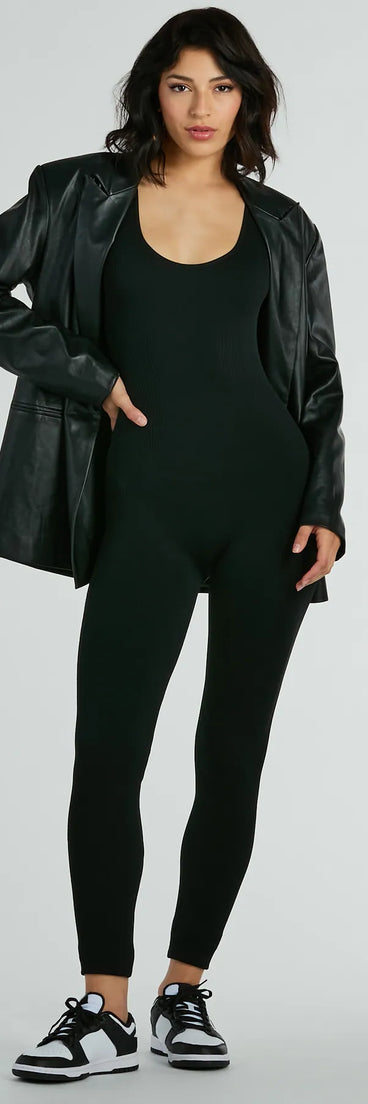 The Easy Going Scoop Neck Seamless Knit Jumpsuit, a women's black jumpsuit, is a chic one-piece outfit for parties and celebrations offering a glamorous look with festive style and on-trend design accents.