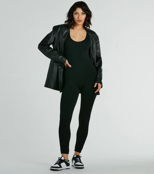 The Easy Going Scoop Neck Seamless Knit Jumpsuit, a women's black jumpsuit, is a chic one-piece outfit for parties and celebrations offering a glamorous look with festive style and on-trend design accents.