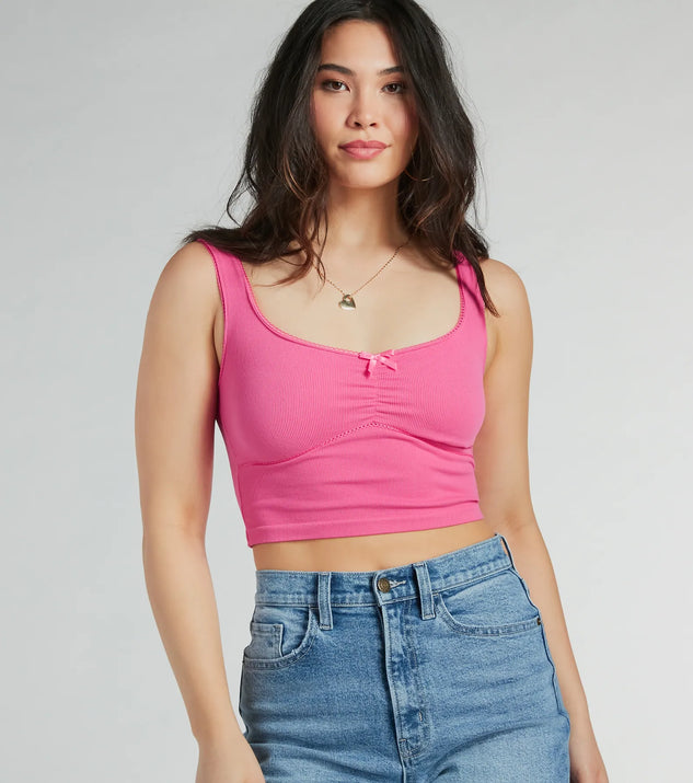 The Simply The Best V-Neck Bow Seamless Tank Top in pink with a modern design and trendy look is part of the latest women's tops collection to elevate your 2025 wardrobe.