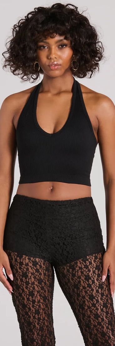 Day Or Night Halter V-Neck Crop Top, a trendy black addition to women's going-out outfits, is ideal for Christmas party outfits, chic NYE attire, or winter night-out looks that keep you on-trend!