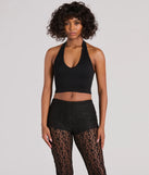 Day Or Night Halter V-Neck Crop Top, a trendy black addition to women's going-out outfits, is ideal for Christmas party outfits, chic NYE attire, or winter night-out looks that keep you on-trend!