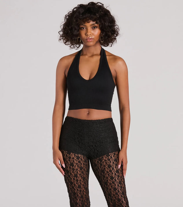 Day Or Night Halter V-Neck Crop Top, a trendy black addition to women's going-out outfits, is ideal for Christmas party outfits, chic NYE attire, or winter night-out looks that keep you on-trend!