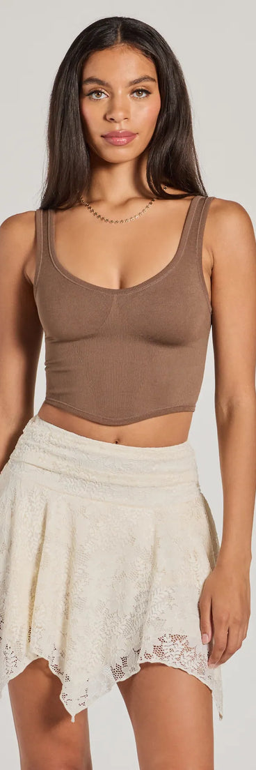 The Adorable Basic Scoop Neck Seamless Crop Top in brown with a modern design and trendy look is part of the latest women's tops collection to elevate your 2025 wardrobe.
