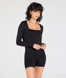 Create bold, fashion-forward looks for spring or summer with the Basically Forever Long Sleeve Seamless Romper in black, a must-have piece from Windsor’s collection of stylish bottoms for women.