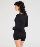 Create bold, fashion-forward looks for spring or summer with the Basically Forever Long Sleeve Seamless Romper in black, a must-have piece from Windsor’s collection of stylish bottoms for women.