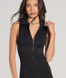 Create bold, fashion-forward looks for summer with the Off Duty Chic Sleeveless Collared Zip-Up Catsuit in black, a must-have piece from Windsor’s collection of stylish bottoms for women.