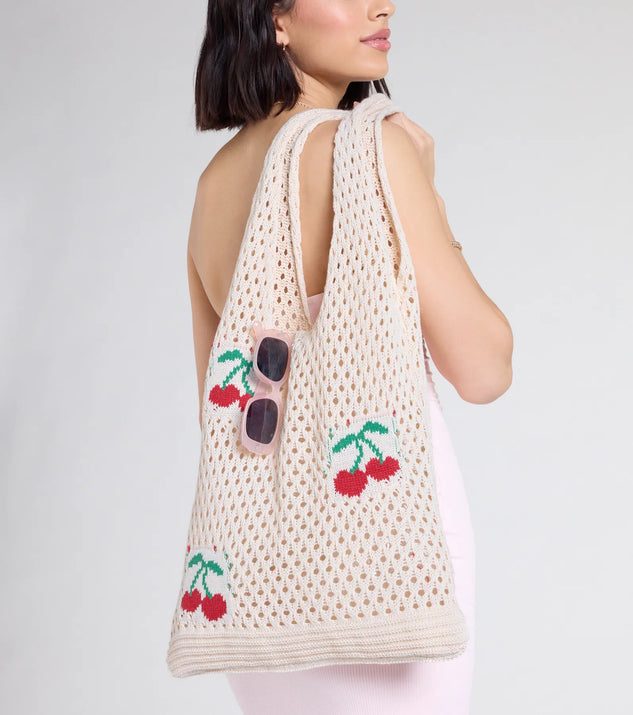 ★TOUT Y EST★ Cherry Handmade Knit Bag Ivory KKQWBBG502M Simply Sweet Cherry Crochet Knit Tote Bag | Windsor